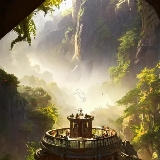 Prompt: worm's eye view of overwatch headquarters carved inside a mountain surrounding a lush well kept garden, central waterfall, magical, natural light, fantasy, sharp focus, concept art, by greg rutkowski and craig mullins, cozy atmospheric