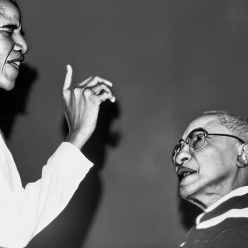 Image similar to Barack Obama having a rap battle against Ghandi, historical photo, 1962