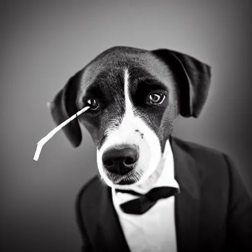 Image similar to a high detail closeup photograph of a dog wearing a suit 👔,and smoking a cigarrette🚬, award wining photograph, digital art