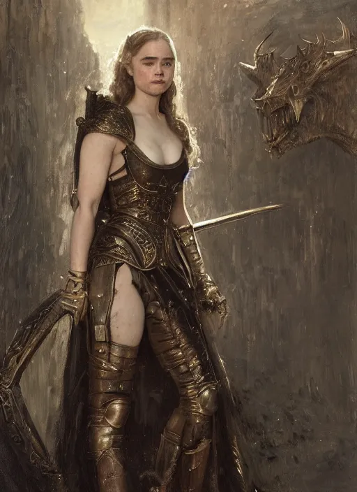 Image similar to young beautiful mischievous rredhead emilia clarke full body wearing black medieval armour, detailed, by gaston bussiere, bayard wu, greg rutkowski, giger, maxim verehin, greg rutkowski, masterpiece, sharp focus, cinematic lightning