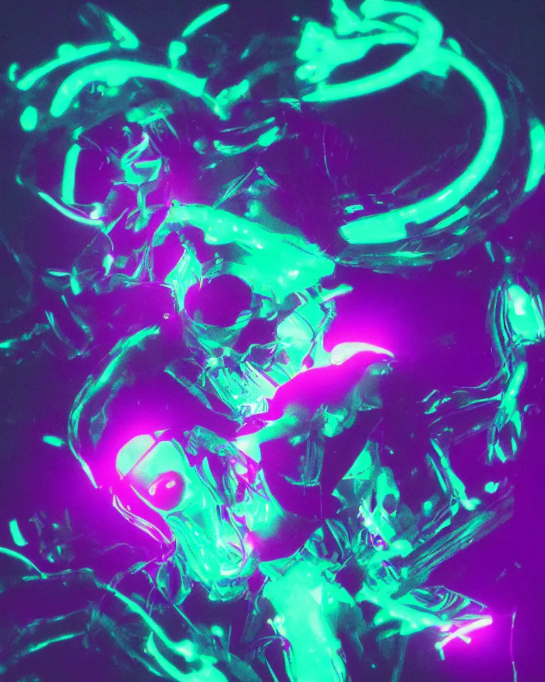 Prompt: glitchcore aesthetic photo of a bioluminescent alien