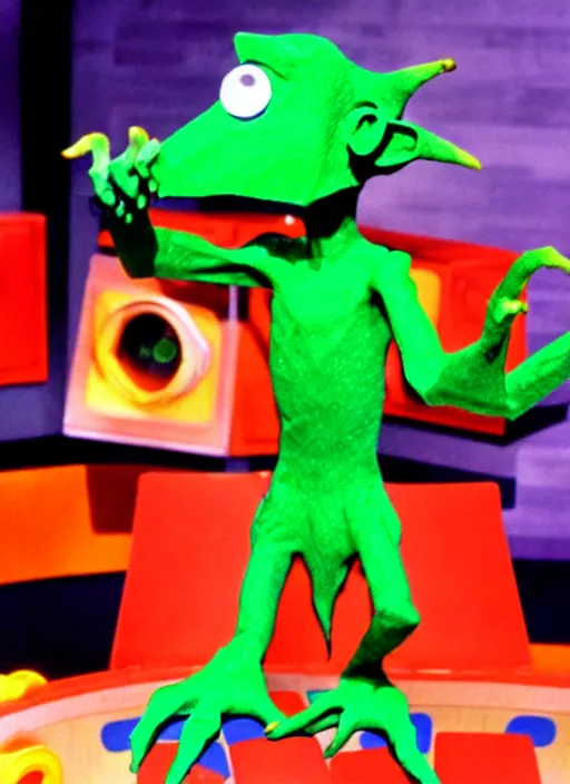 Prompt: creepy scary gangly goblin monster invades the set of a 9 0's childrens tv gameshow, 4 k resolution