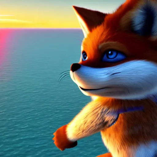 Image similar to high quality photo of star fox, fox mccloud, looking out at the ocean at sunset realism 8k award winning photo