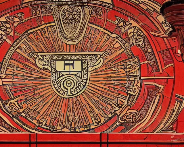 Prompt: mural from the early 1 9 0 0 s in the style of art nouveau, red curtains, art nouveau design elements, art nouveau ornament, brick wall, opera house architectural elements, mucha, masonic symbols, masonic lodge, ernst - ludwig - haus, darmstadt