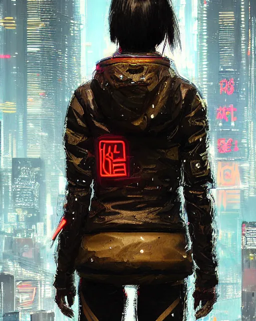 Prompt: detailed portrait neon guard girl with very short brown hair seen from the back, cyberpunk futuristic, reflective puffer jacket, black leggings, decorated with traditional japanese ornaments by ismail inceoglu dragan bibin hans thoma, perfect face, fine details, realistic shaded, fine - face, pretty face