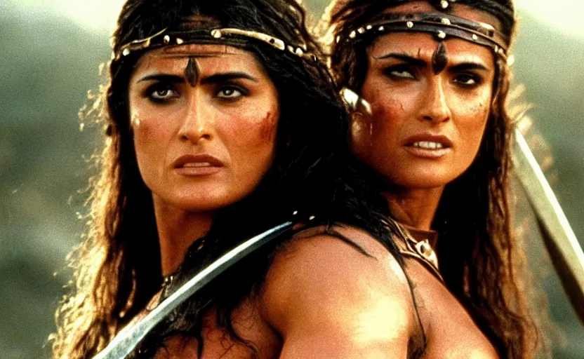 Prompt: epic photo of muscular salma hayek as beautiful barbarian warrior princess in a battle scene, sweaty, detailed eyes, neutral expression, shallow depth of field, photorealistic, cinematic lighting, lovely bokeh, warm colours, dusk, movie quality, conan the destroyer 1 9 8 5, movie still