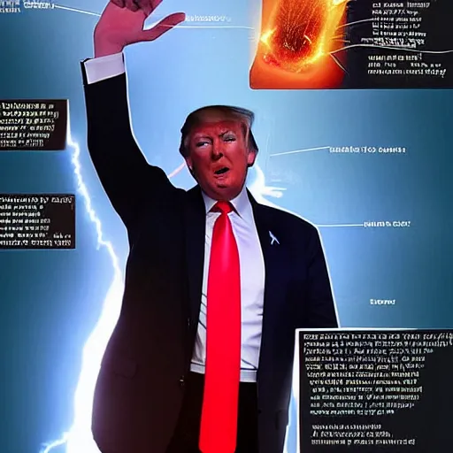 Prompt: Donald Trump shoots plasma beams out of his nanotech cybernetic arm, a plate on his arm slides back to reveal the mechanical workings on the inside