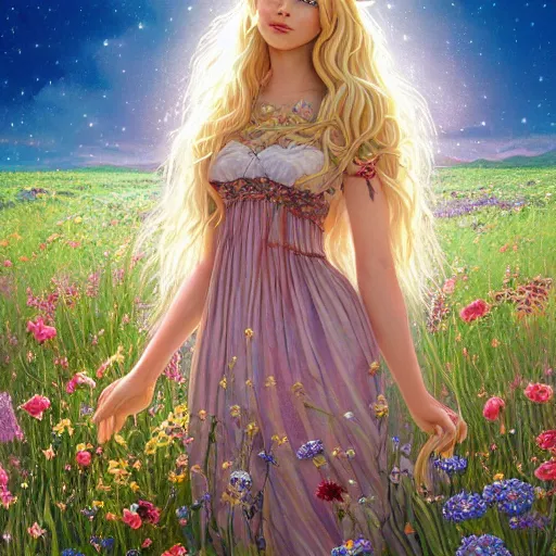 Image similar to A beautiful elf goddess with long blonde hair in a detailed floral dress, in front of a vivid field of flowers, by Larry Elmore, Tom Bagshaw, Viktoria Gavrilenko, Ilya Kuvshinov, Shin JeongHo, kiernan shipka