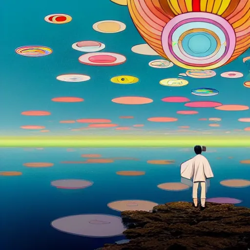 Image similar to a man walking on clouds away from the camera above a lake by takashi murakami, beeple and james jean, aya takano color style, 4 k, super detailed, modern, 4 k, symmetrical