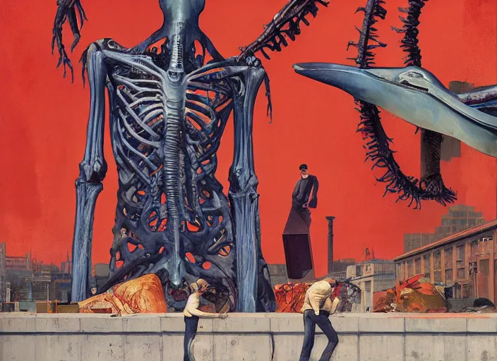 Prompt: war on the streets of london edward hopper and james gilleard, zdzislaw beksinski, by greg rutkowski, exotic vegetation, tristan eaton, victo ngai, vibrant red background, whale skeleton, a still from the film alien, hyperrealism