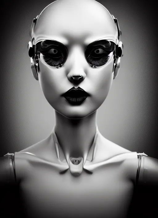 Image similar to black and white dreamy foggy poetic smoky profile face portrait, one silver steampunk realistic eye biomechanical beautiful angelic young female cyborg - robot bust, body ribs meshes,, volumetric light, hibiscus flowers, rim light, big gothic fashion pearl embroidered collar, 1 9 3 0, 8 k