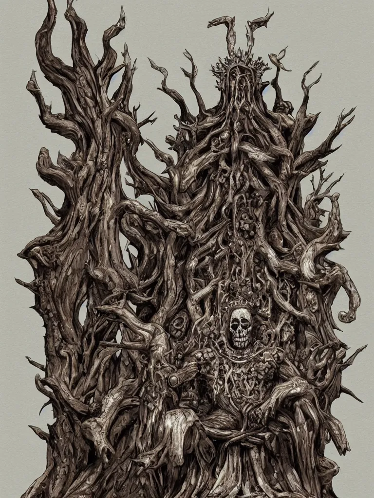 Image similar to elder wooden god sitting in a throne made of skulls, with sprouts as it ´ s crown