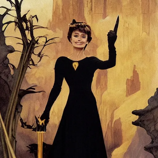 Prompt: an extremely detailed matte painting audrey hepburn as a powerfull sorceress in a resplendent black dress with gold and crimson trim and a long leg slit, in the style of magic the gathering, 8 k, sharp focus, detailed face, art by john collier and albert aublet and krenz cushart and artem demura and alphonse mucha