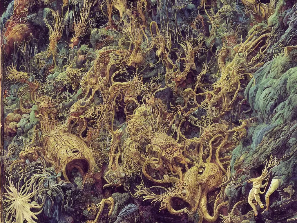 Prompt: Crowd gathered around a giant, oversized, giant, ferocious Springtail. The world of Nausicaa of the Valley of Wind. Painting by Ernst Haeckel, Moebius, Caspar David Friedrich, Roger Dean