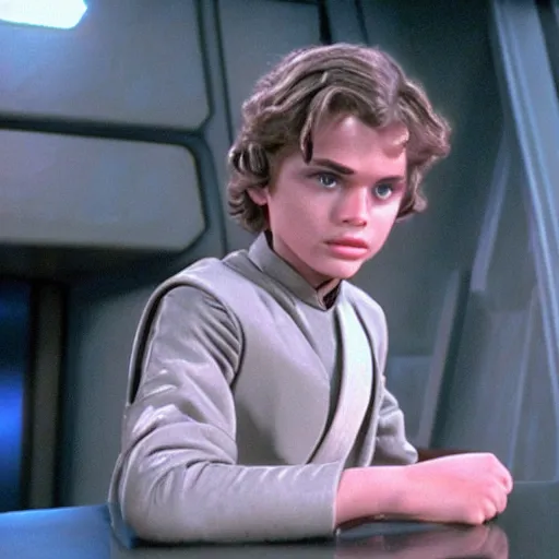 Image similar to young anakin skywalker from attack of the clones sitting at quark's bar on deep space nine, 3 5 mm photography, highly detailed, cinematic lighting, 4 k