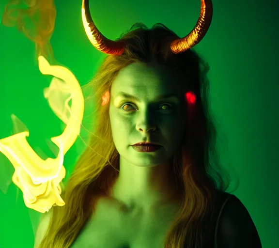 Image similar to portrait of a woman with horns made of flames and glowing green eyes, in the wisps of thick smoke, looking into the camera, studio photography, studio lighting, realistic render, octane render, 4 k, 8 k, face in focus