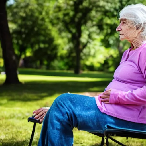 Image similar to an older woman with copd sitting in a park on oxygen, 4 k,