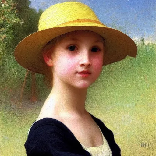 Image similar to 10 yo blond girl with straw hat and yellow shirt, bouguereau