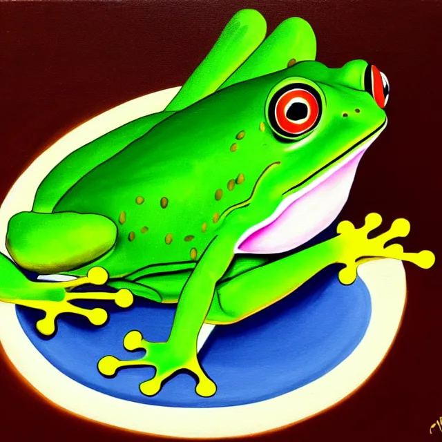 Image similar to painting of a smiling green frog with rosy cheeks stirring a steaming bowl of brown beans. the frog is in the sitting position and has a small yellow oval belly. green yellow pink splotchy background.