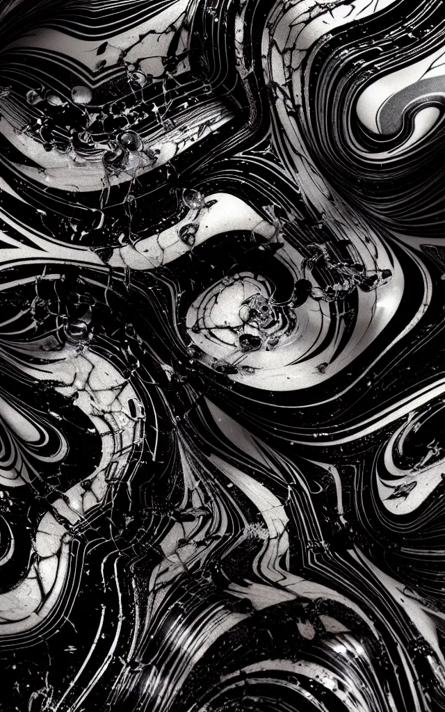 Prompt: marble paint splashing, by h. r. giger, octane render, by wlop, paper - marbling, refractive, ray tracing reflections, diffraction grading, insanely detailed and intricate, hypermaximalist, elegant, ornate, hyper realistic, super detailed, deep black background