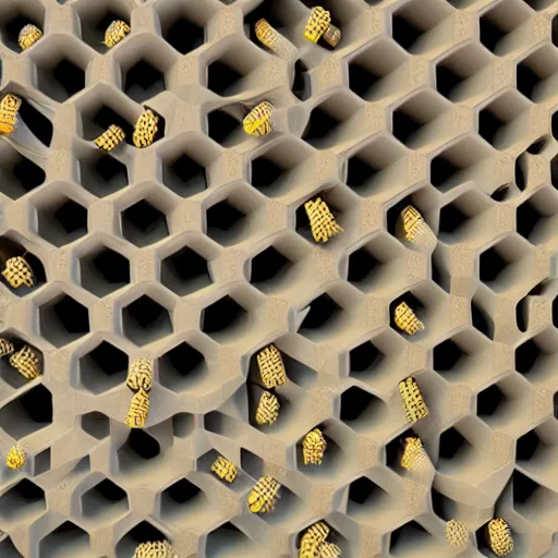 Image similar to architecture made of bees cells, geometric pattern, ultradetailled, uplight, octane render,