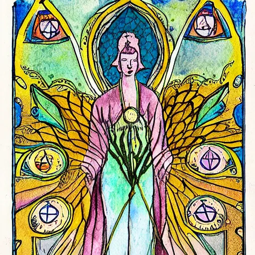 Image similar to a feminine alchemical illustration drawn and painted by Carl Jung, detailed penciling, watercolor, pen and ink, zoomed out to show entire image