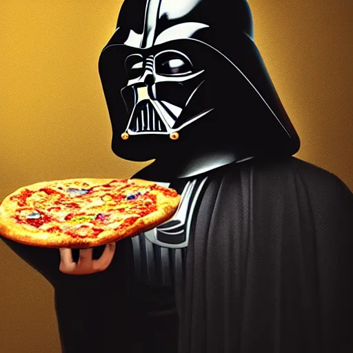 Prompt: gold bordered portrait of darth vader holding a slice of pizza, hyper realistic, surreal, gothic, cyberpunk, nightcore, 4 k, highly detailed, beautifully rendered