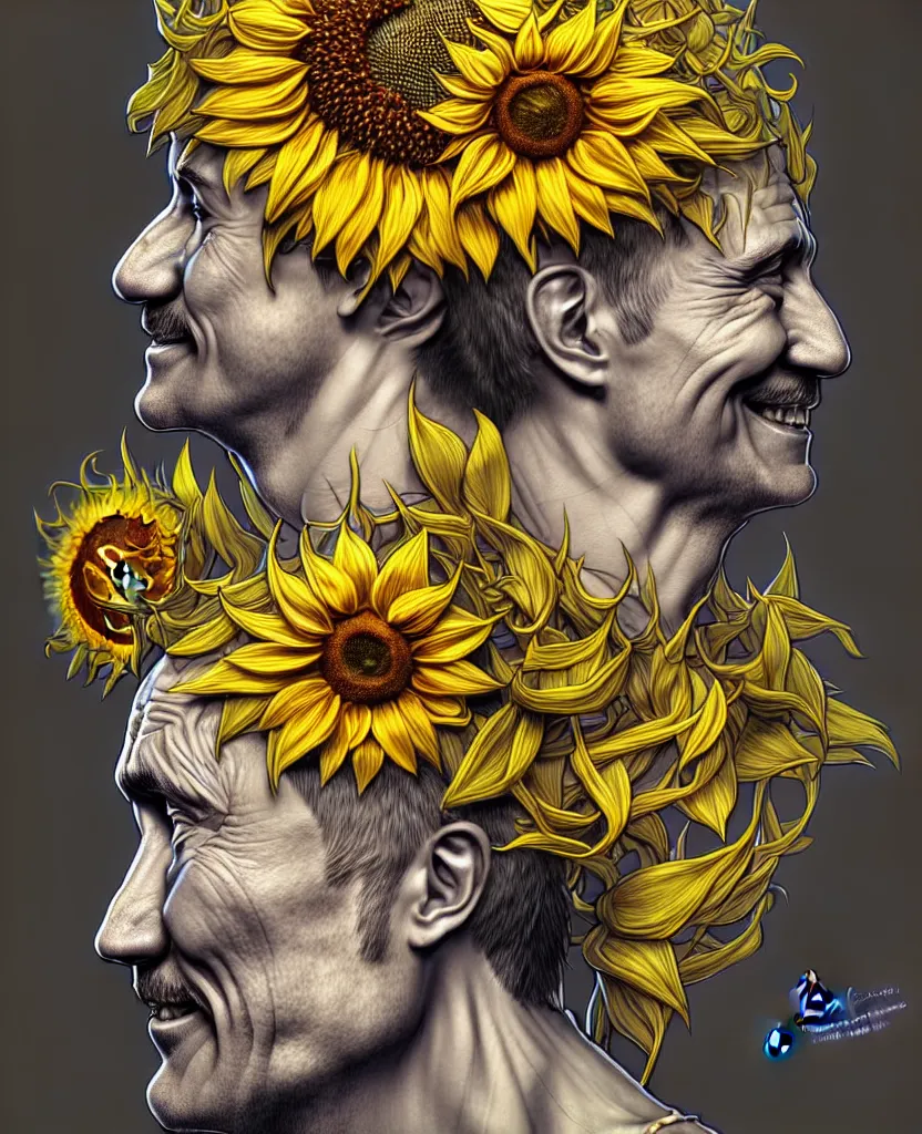 Image similar to digital art, centered full body of Putin smiling king, Sunflower crown, ,intricate, veins, by James Jean and by artgerm , by ross tran ultradetailed, charachter design, concept art, trending on artstation,