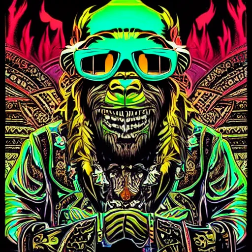 Prompt: barong family member with ray - ban sun glasses, wiwek, mara demon, one single tribe member, jungle, one single mask, dark, ancient warrior, gorilla, lizard, tribal, inner glow, art by dan mumford and justin gerard and andy warhol