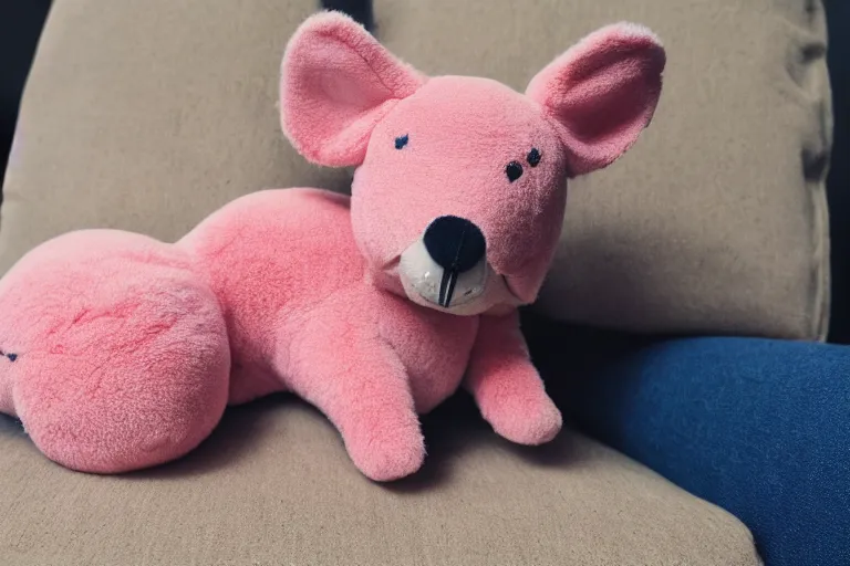 Image similar to a high quality 3 5 mm photo of a pink chubby stuffed animal kangaroo wearing a dark blue shirt, sitting on a couch, an ultrafine detailed photo, trending on artstation, sharp focus, baby toy