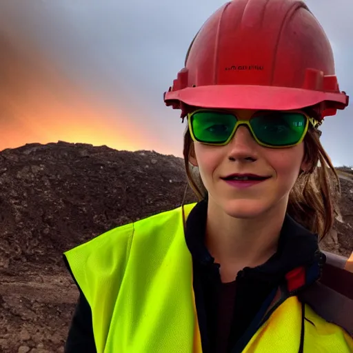 Image similar to photo, close up, emma watson in a hi vis vest, in dusty open pit mine, android cameraphone, lens flare, 2 6 mm,