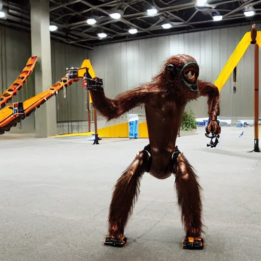 Image similar to publicity photo released by boston dynamics of its prototype metallic orangutan - style robot leaping or swinging or climbing in an obstacle - course while engineers are taking notes.