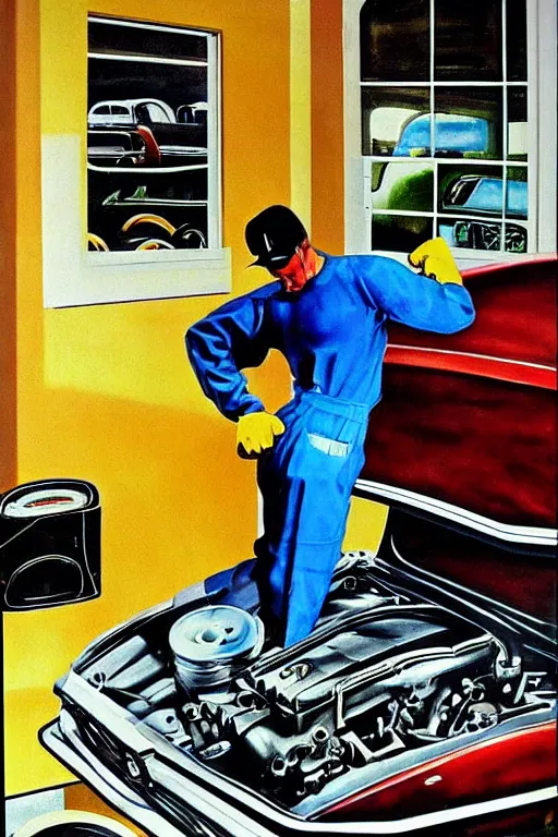 Prompt: muscular mechanic fixing a car engine painting by arnold armitage, cool colors,