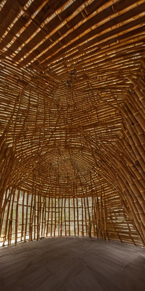 Prompt: inside small pavilion made of bamboo. complex vaulting structure with many thin columns. skylights. architectural photography. coronarender, 4 k, 8 k. volumetric lighting.