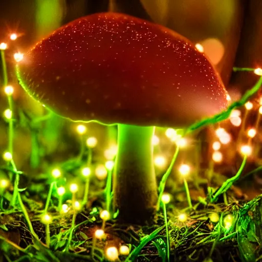 Prompt: macro photo of luminous fairy mushroom in magic forest