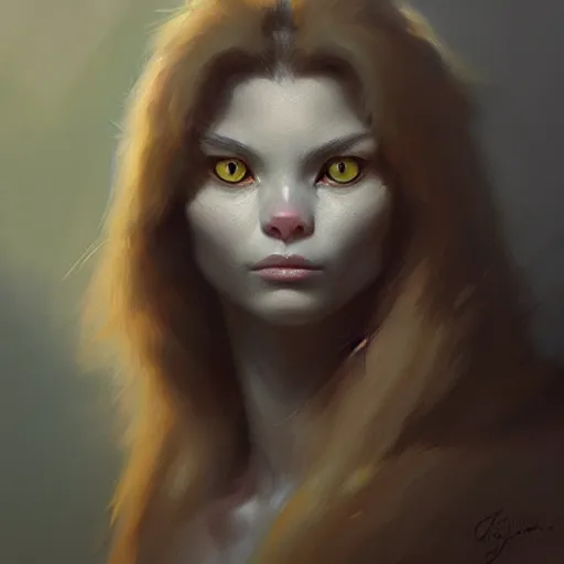 Image similar to humanoid cat feline hybrid, concept art oil painting, portrait ethereal by jama jurabaev, greg rutkowski extremely detailed, brush hard, artstation, soft light