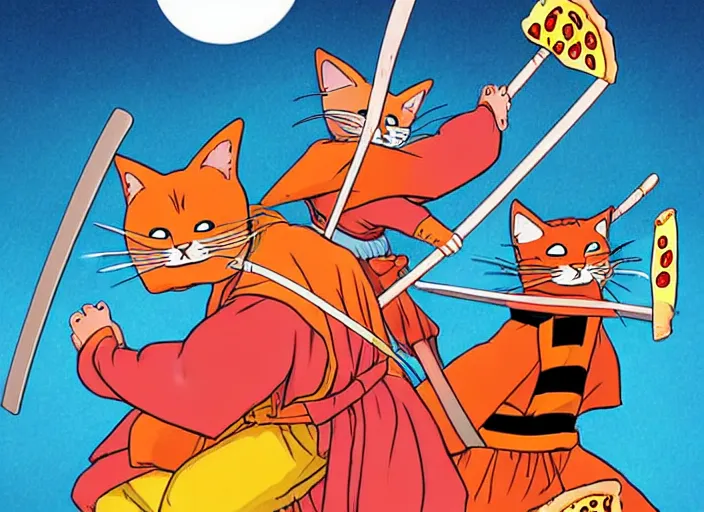 Image similar to cat samurai wearing pizza pizza costumes, illustration masterpiece, by ryan ottley and mœbius and hayao miyazaki and akira toriyama