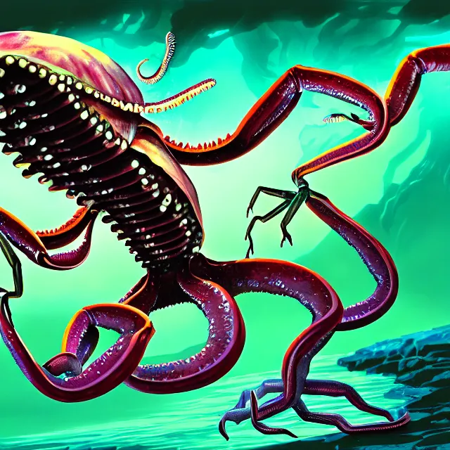 Image similar to a digital illustration of a land - dwelling squid monster with preying mantis claws, magic the gathering card painting, hq scan