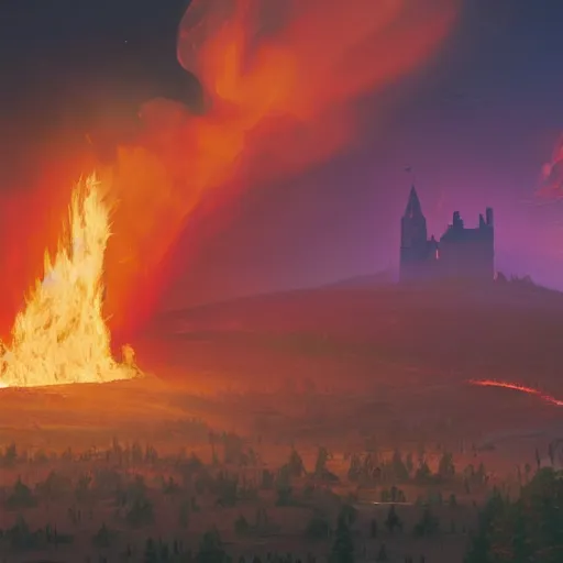 Image similar to a royal grand medieval castle on fire, on top of a hill, birds eye view from a distance, intense smoke, burning down, intense flames, center focus, landscape by simon stalenhag, rendered by beeple, by makoto shinkai, digital art