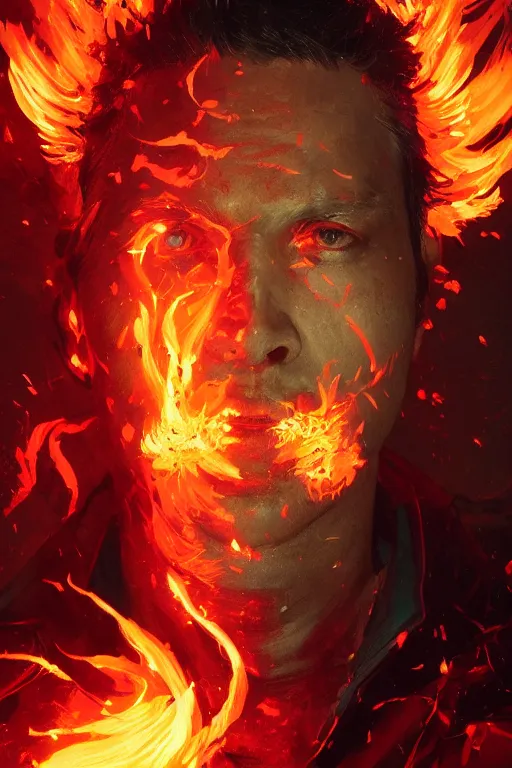 Image similar to a fancy portrait of a very mad mage covered in coloured flames by greg rutkowski, sung choi, mitchell mohrhauser, maciej kuciara, johnson ting, maxim verehin, peter konig, 8 k photorealistic, cinematic lighting, hd, high details,