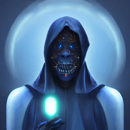 Prompt: award - winning. trending on artstation. 4 k. a faceless astral figure wearing a hooded cape made of the night sky with 1 dark blue glowing eye on its face and rows of teeth on its chest. full - body.