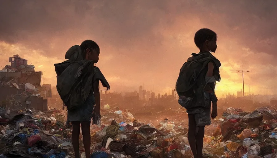 Image similar to poor detailed child with backpack standing at cars looking for food at garbage dump, destroyed cars, city is pure wasteland, moody sunset in background, greg rutkowski, alphonse mucha, trending on artstation, artgerm, unreal engine, breathtaking, award winning, highly detailed