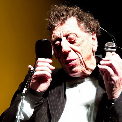 Prompt: Philip Glass rapping into a microphone, wearing bling