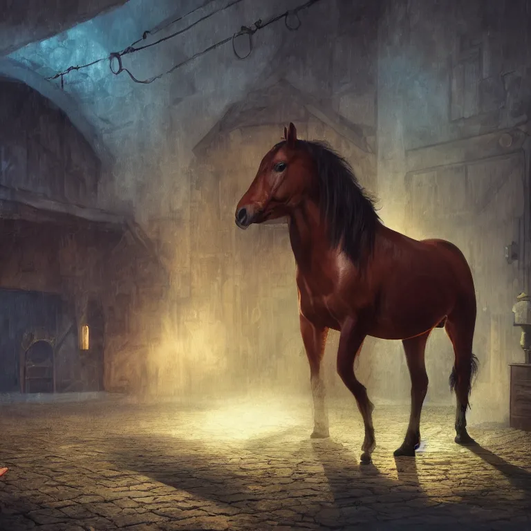 Image similar to A horse attempting to solve a jigsaw puzzle, looking confused, cinematic lighting, evening light, stables, digital painting, volumetric light, concept art, trending on artstation