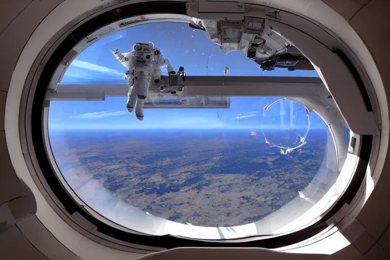 Image similar to sci-fi scene of space tourists in glamourous spaceship bedroom looking out large circular window at earth orbit By Emmanuel Lubezki