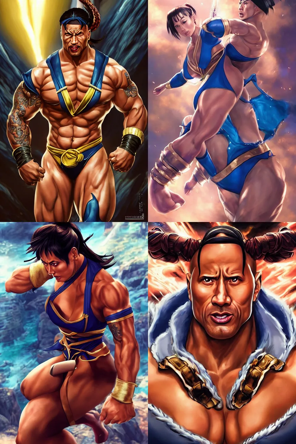 Prompt: dwayne johnson in tight woman chun li outfit with dwayne johnson face and dwayne johnson body, visible head and eyes, dwayne johnson dressing like chun li in street fighter, dwayne johnson wearing chun li's bikini, full body, intricate, epic lighting, cinematic composition, hyper realistic, 8k resolution, unreal engine 5, by Artgerm, tooth wu, dan mumford, beeple, wlop, rossdraws, James Jean, Andrei Riabovitchev, Marc Simonetti, yoshitaka Amano, Artstation