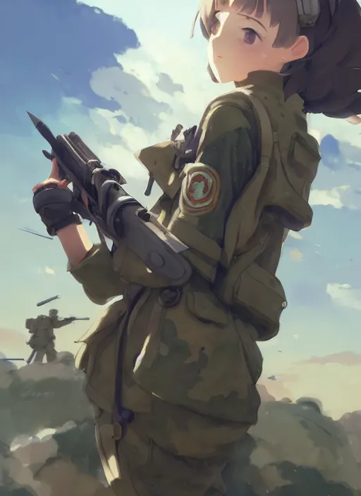 Image similar to portrait of cute soldier girl, cloudy sky background lush landscape illustration concept art anime key visual trending pixiv fanbox by wlop and greg rutkowski and makoto shinkai and studio ghibli and kyoto animation soldier clothing military gear realistic anatomy mechanized modern warfare arknights