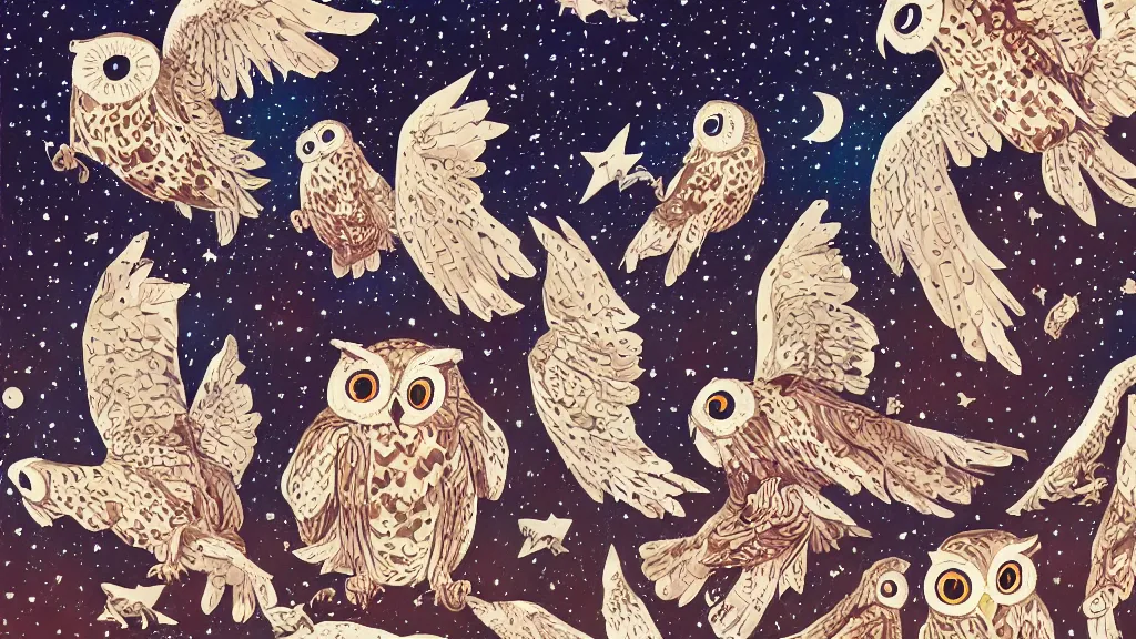 Image similar to very detailed, ilya kuvshinov, mcbess, rutkowski, watercolor quilt illustration of owls flying at night, stars, colorful, deep shadows, astrophotography, highly detailed, wide shot