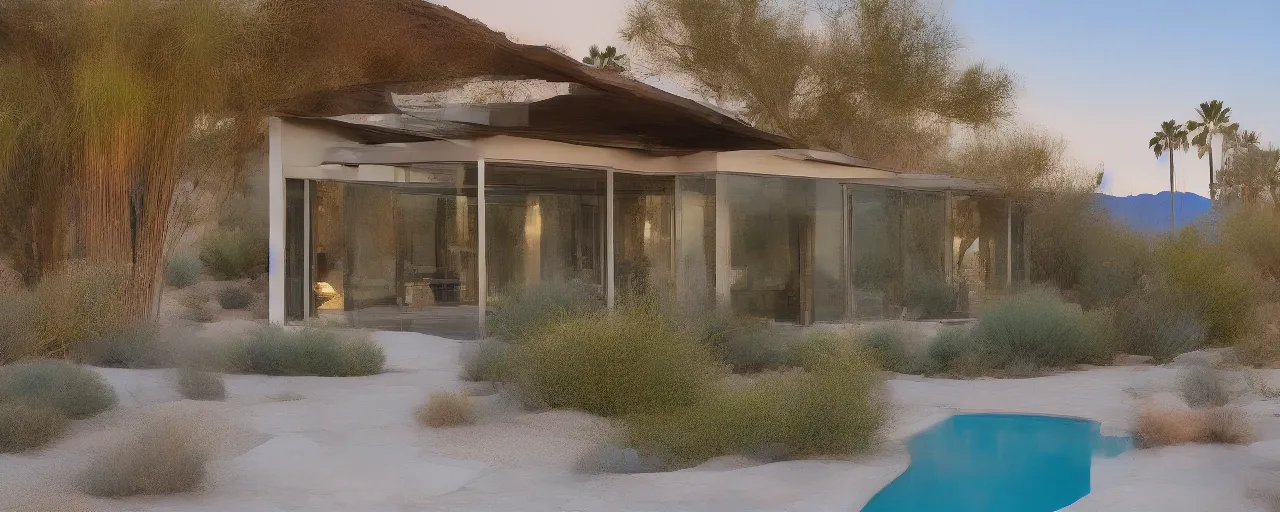 Prompt: hillside desert pavilion at dusk, palm springs, metal, rusted panels, highly detailed, serene, glass, stone, large overhangs, beautiful vistas with cacti, long glowing pool, minimal kitchen, nesting glass doors, reflections, shadows, tall entry, 8k, realistic, architectural photography, composition, night time