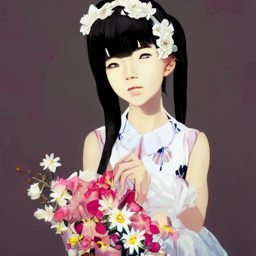 Image similar to chinese little girl with flowers in hair wearing an white dress. art by ilya kuvshinov, profile picture, inspired in hirohiko araki, realistic, highly detailed, 8 0 s anime art style